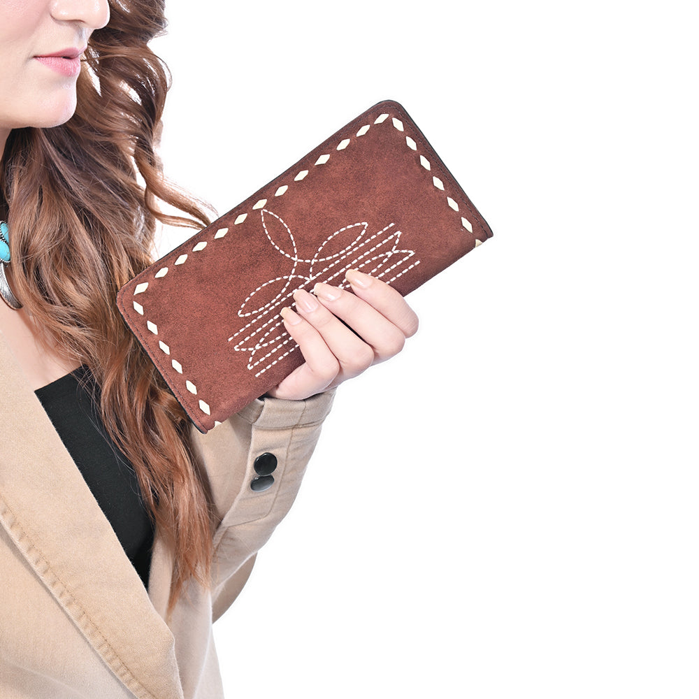 ADBG1687 Genuine suede Leather Wallet with White Whipstitch Embroidery - Western Style