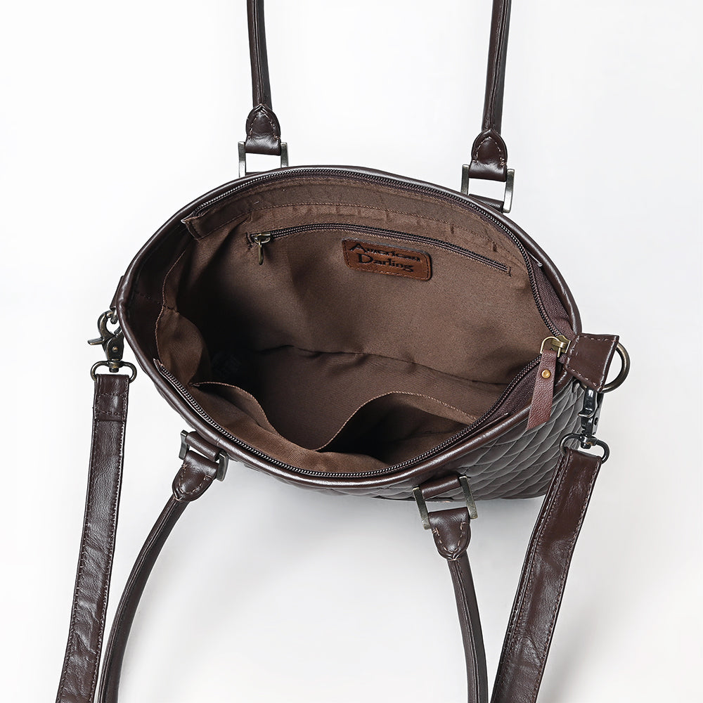 ADBG1689 Dark Brown Quilted Leather Tote Bag with Tooled Round Floral Medallion - American Darling