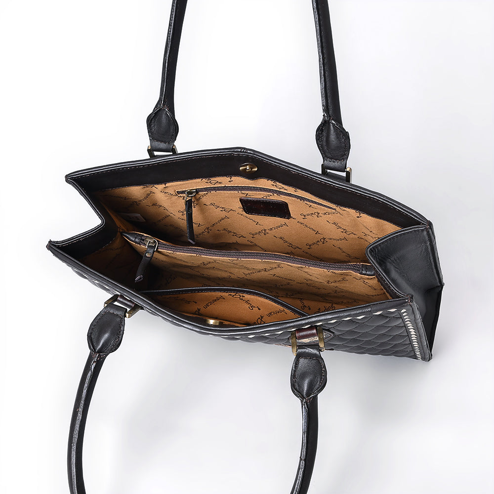 ADBGA735 Black Quilted Western Leather Tote Bag - Tooled Floral Medallion & Double Handles