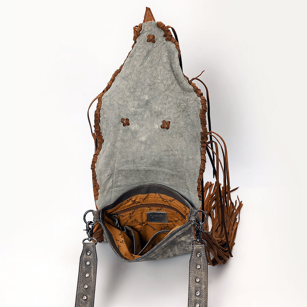 ADBGM555 Western Leather Fringe Messenger Bag - Cowhide Purse with Turquoise Concho & Studded Strap