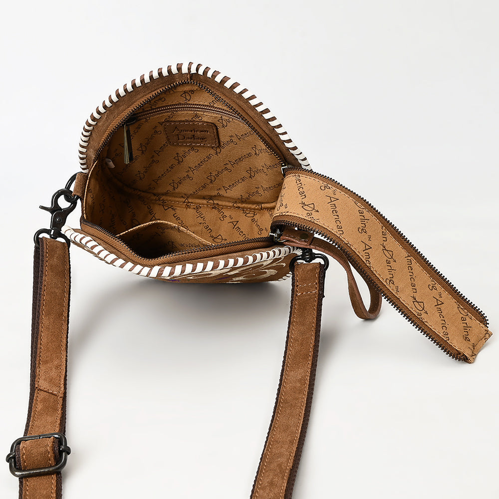 ADBGZX101A Round Embroidered Genuine suede Canteen Bag with Floral Design & Whipstitch Trim