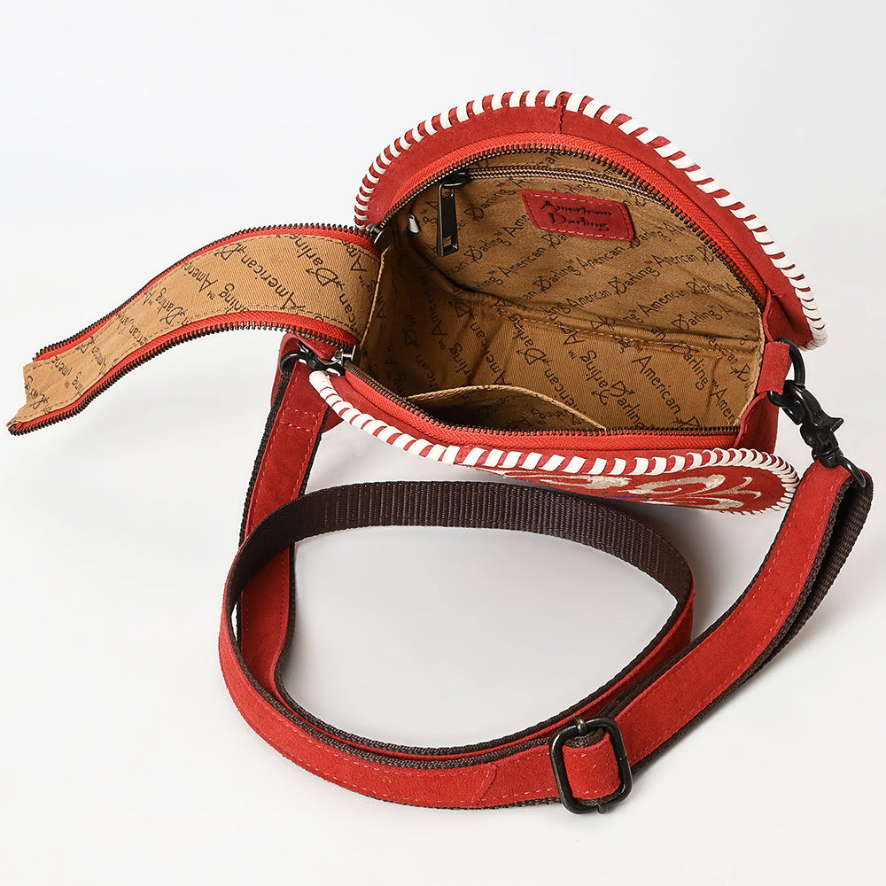 ADBGZX101B Round Red Genuine suede Embroidered Canteen Bag with Floral Design & Whipstitch Trim