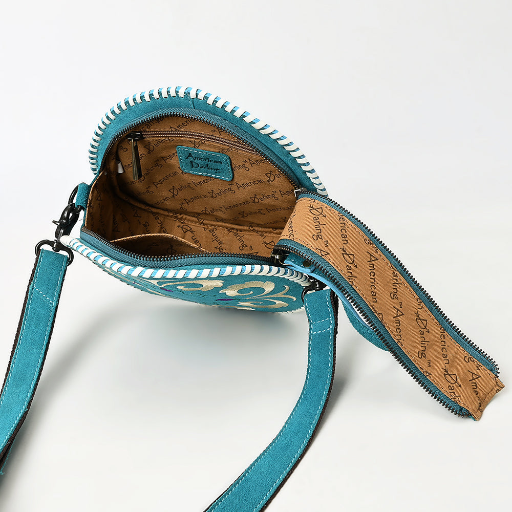 ADBGZX101D Round Teal Genuine suede Embroidered Canteen Bag with Ivory Floral Design & Whipstitch Trim