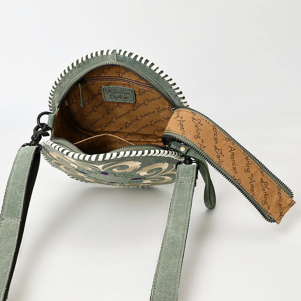 ADBGZX101E Round Sage Green Genuine suede Canteen Bag with Floral Embroidery & Whipstitch Trim