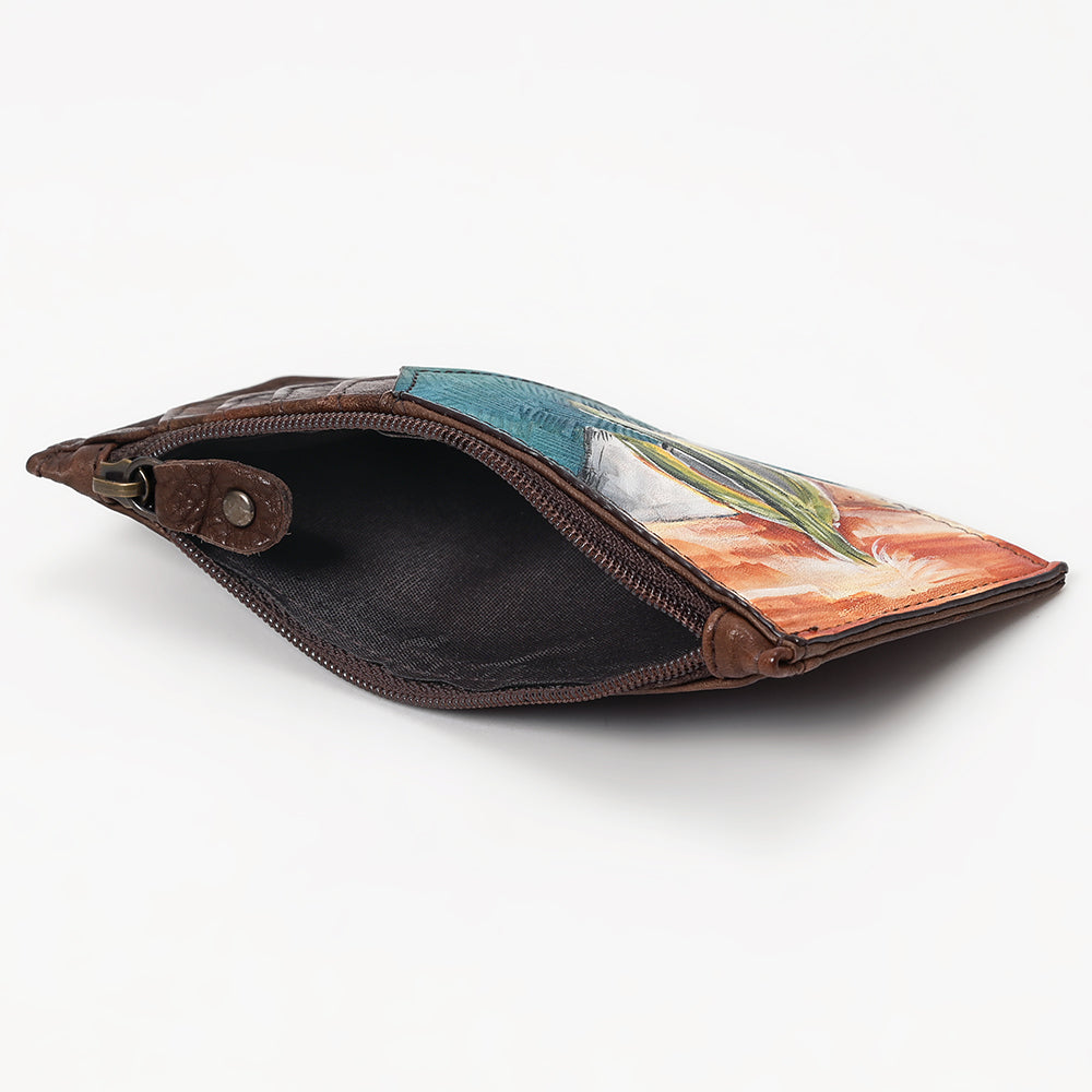 ADCCM111 Hand-Painted Leather Cactus Card Holder with Zipper Pocket