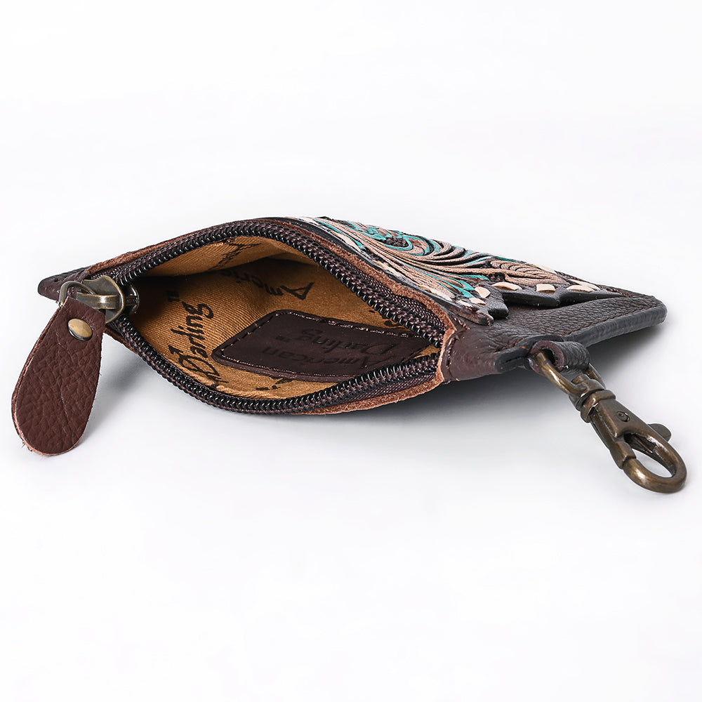ADBGA663 Tooled Leather Coin Purse with Floral Design & Key Clip-Western Style