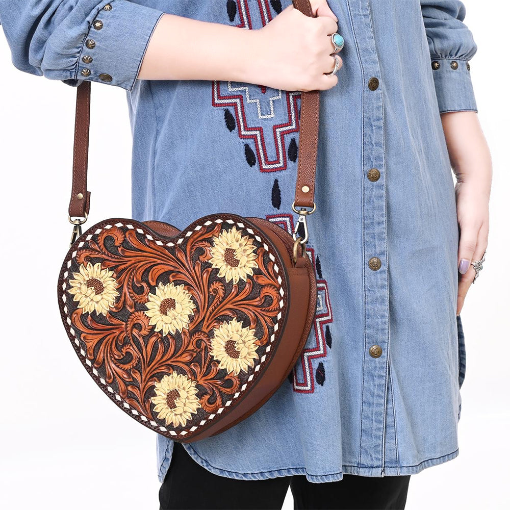 ADBGA744 Heart-Shaped Tooled Leather Crossbody Bag - Sunflower Floral Design with Western Stitch