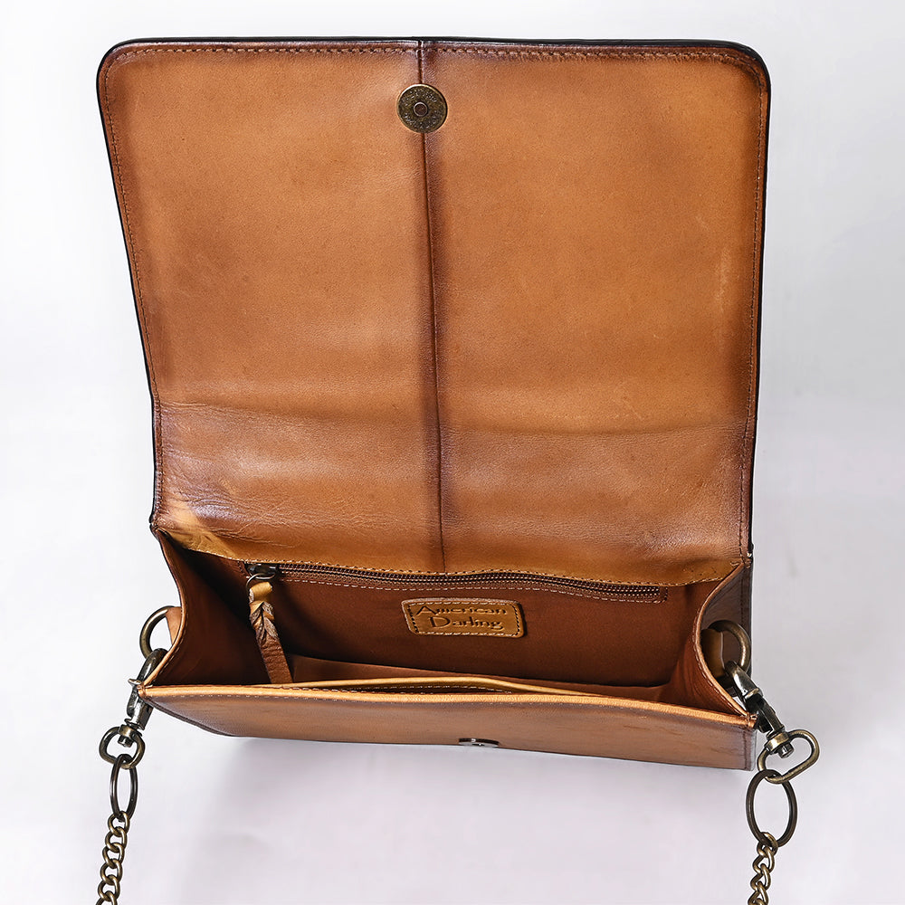 ADBGM588 Tan Quilted Leather Chain Bag - Western Crossbody Organiser with Antique Brass Strap