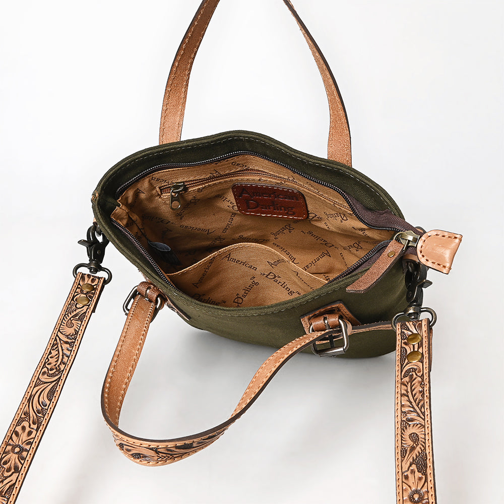 ADBG1702 Small Olive Canvas Crossbody with Tooled Leather Straps - Western Handbag