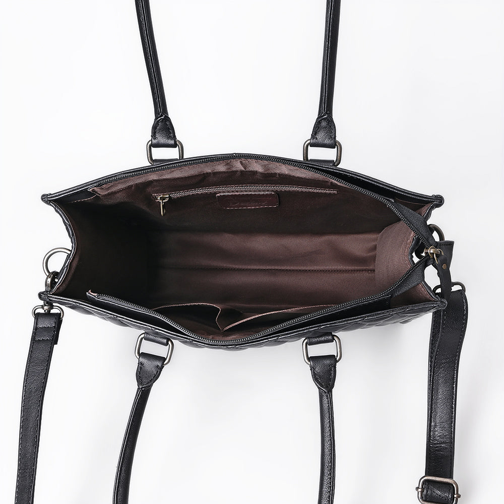 ADBG1703 Quilted Black Leather Western Tote Bag - Designer Embroidered Luxury Purse for Women