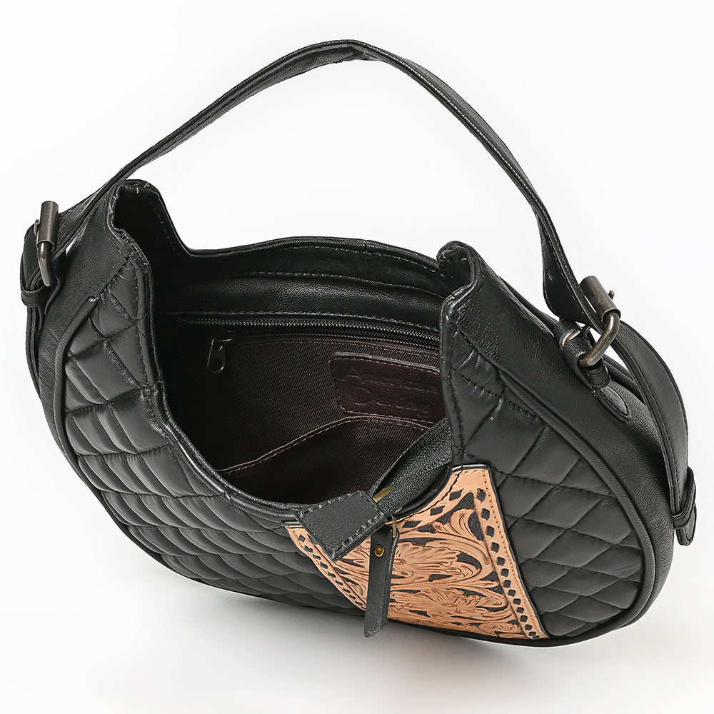 ADBG1705 Quilted Black Leather Hobo Bag with Hand-Tooled Floral Leather Accent & Adjustable Strap