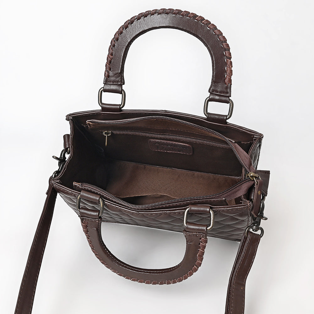 ADBG1707 Quilted Brown Leather Tote Bag with Hand-Tooled Floral Accent & Adjustable Strap