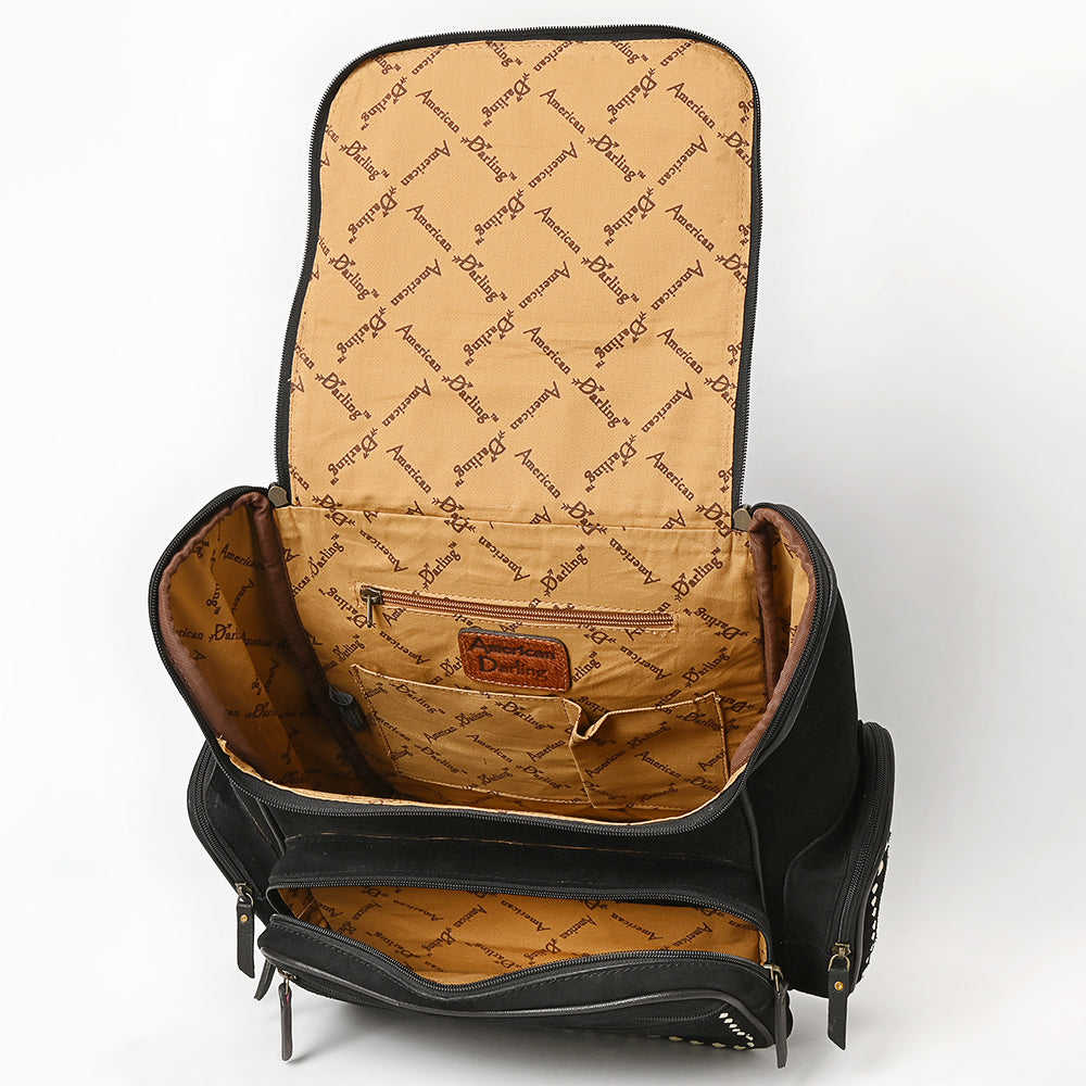 ADBG1710 Black Genuine suede Leather Backpack with White Western Stitch Embroidery & Side Pockets