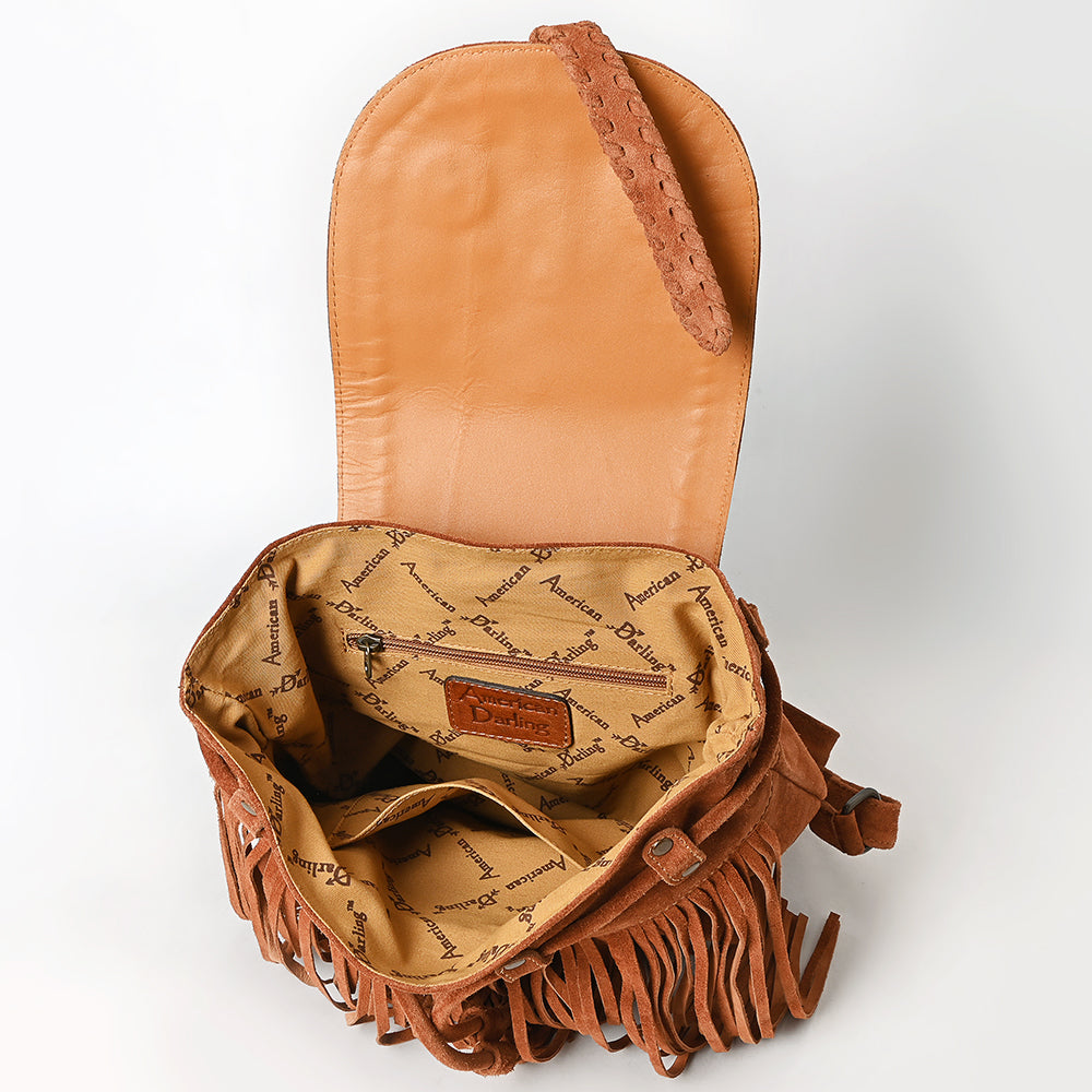 ADBG1711 Brown Genuine Leather Fringe Backpack with Braided Flap & Western Conchos