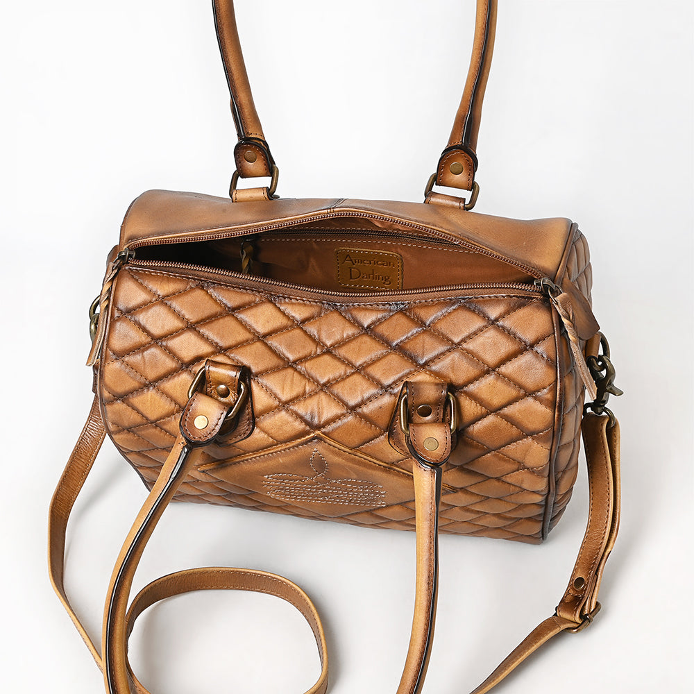 ADBGM596 Quilted Chestnut Brown Genuine Leather Barrel Duffel bag with Dual Handles & Strap