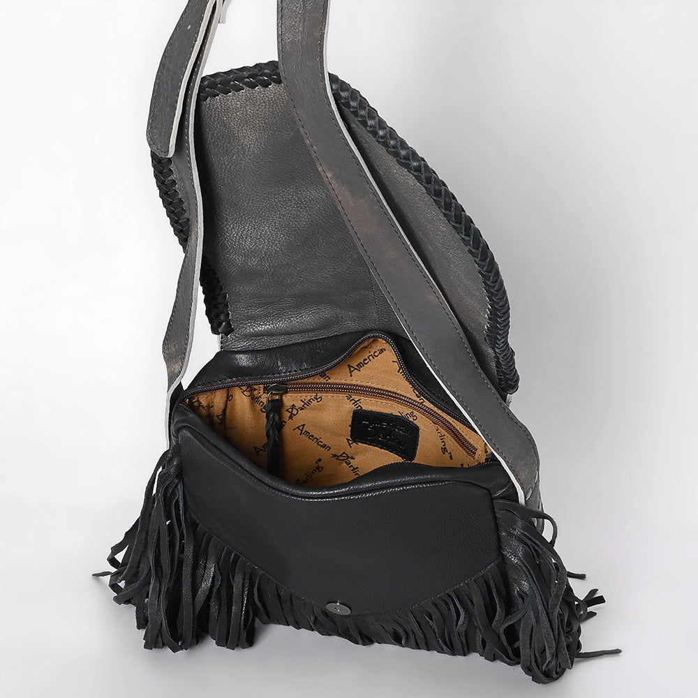 ADBGM600 Black Fringe Western Crossbody Bag with Braided Trim and Concho Accent - Genuine Leather