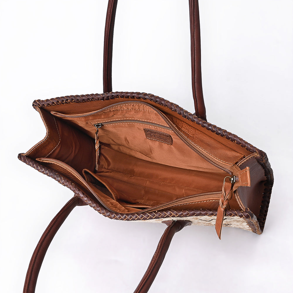 ADBGM601 Hair-On Hide Western Tote Bag with Ranch Brand Print and Tooled Leather Trim