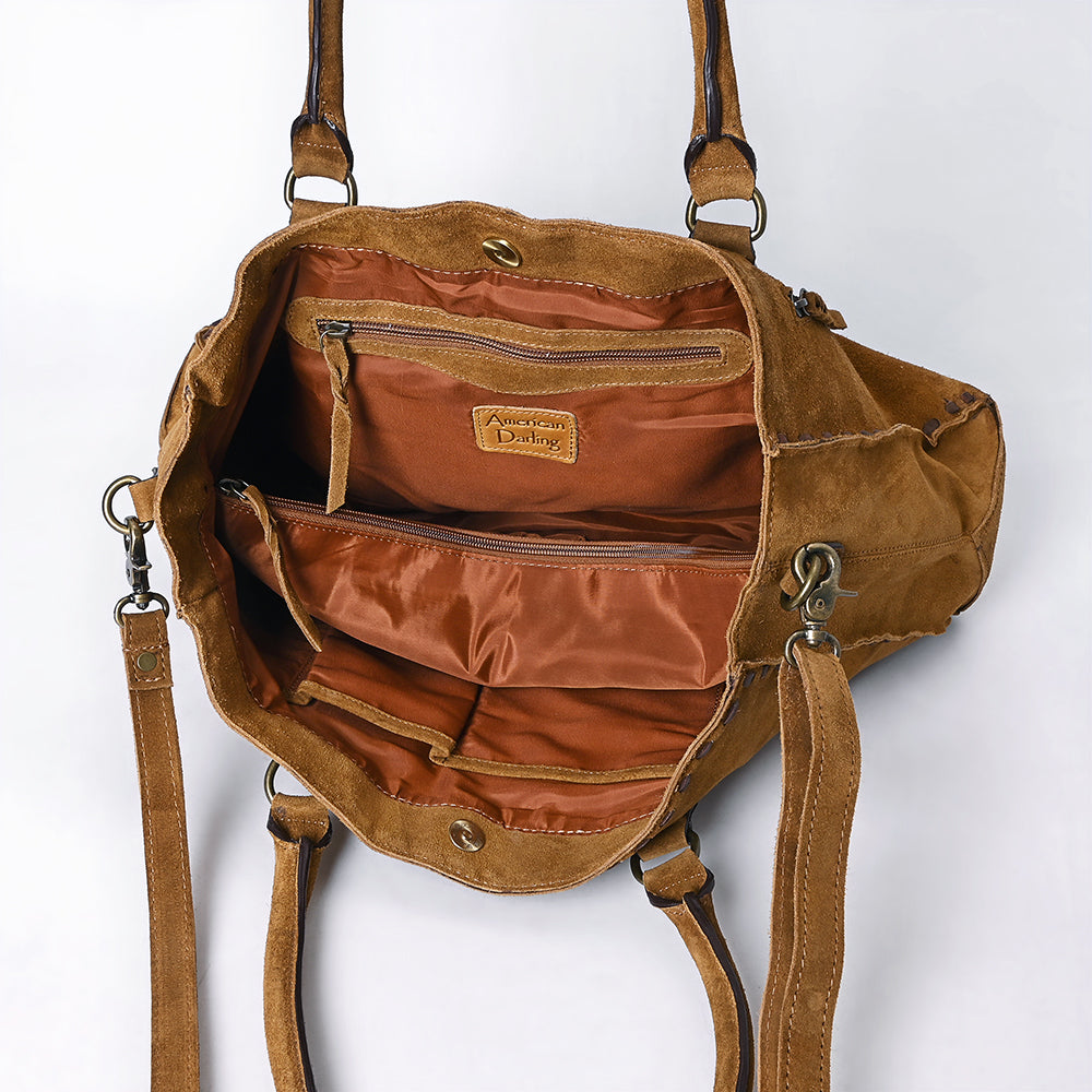 ADBGM127F Genuine suede Western Tote Bag - Light Brown Embroidered Leather Handbag with Whipstitch Detail
