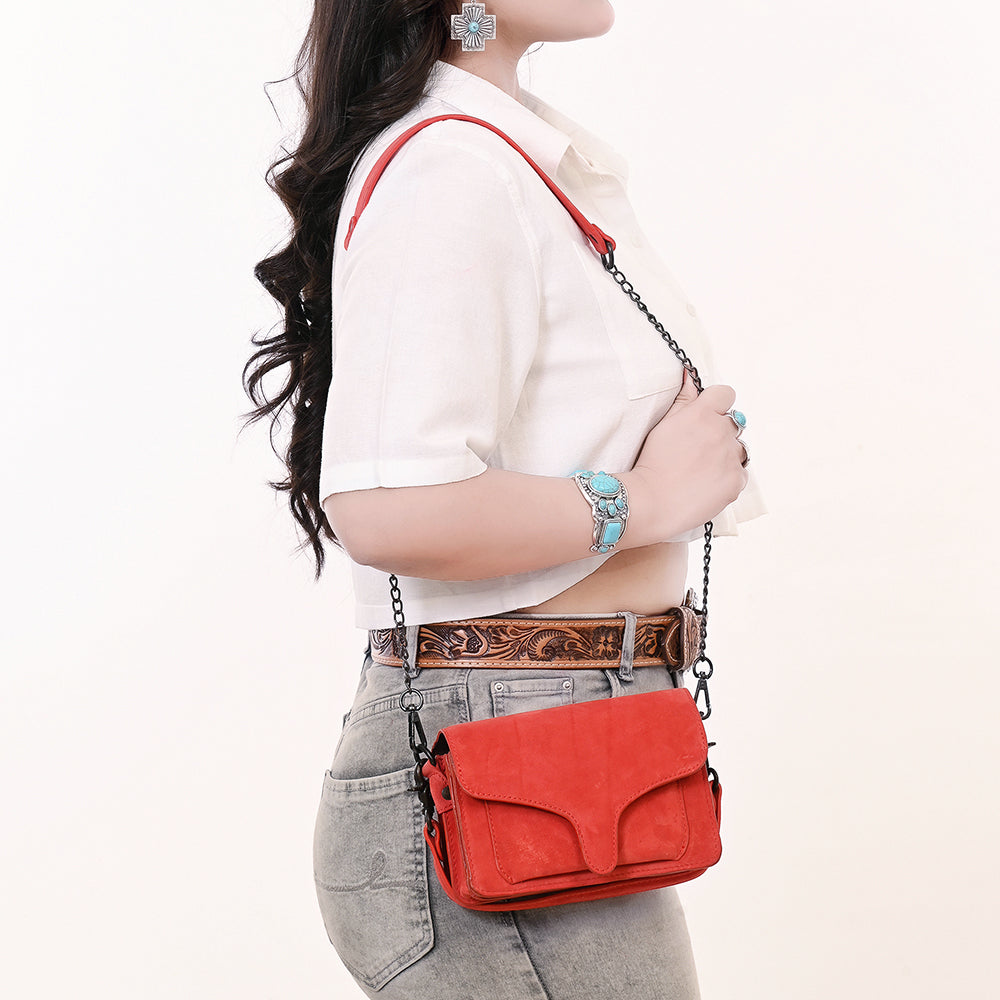 ADBGZX108A Coral Red Genuine suede Leather Evening Bag with Chain Strap & Western Flap Design