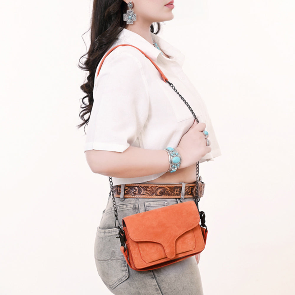 ADBGZX108B Orange Genuine suede Leather Evening Bag with Chain Strap & Western Flap Design