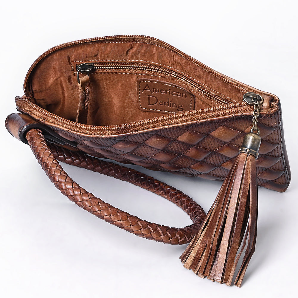 ADBGM615 Western Clutch - Quilted Genuine Leather Wristlet with Braided Handle & Tassel