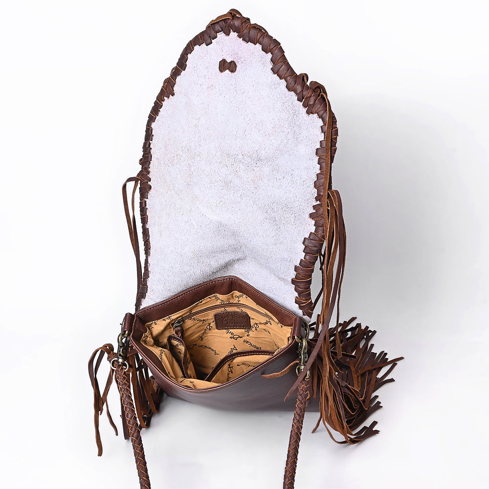 ADBGM620 Western Messenger Bag - Hair-On Leather Fringe Bag with Cowboy Desert Scene & Whipstitch Detail