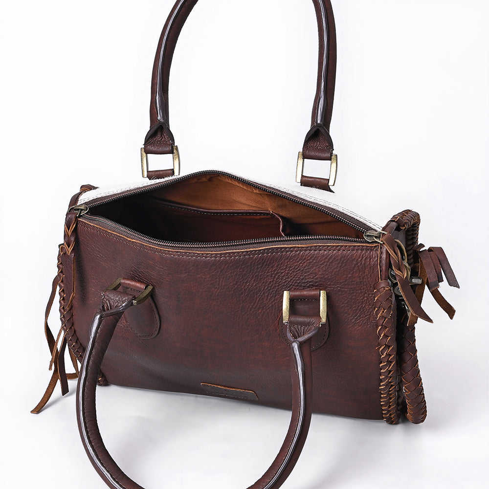 ADBGM624 Western Satchel Tote- Hair-On Leather Bag with Stagecoach Print, Braided Strap & Top Handles