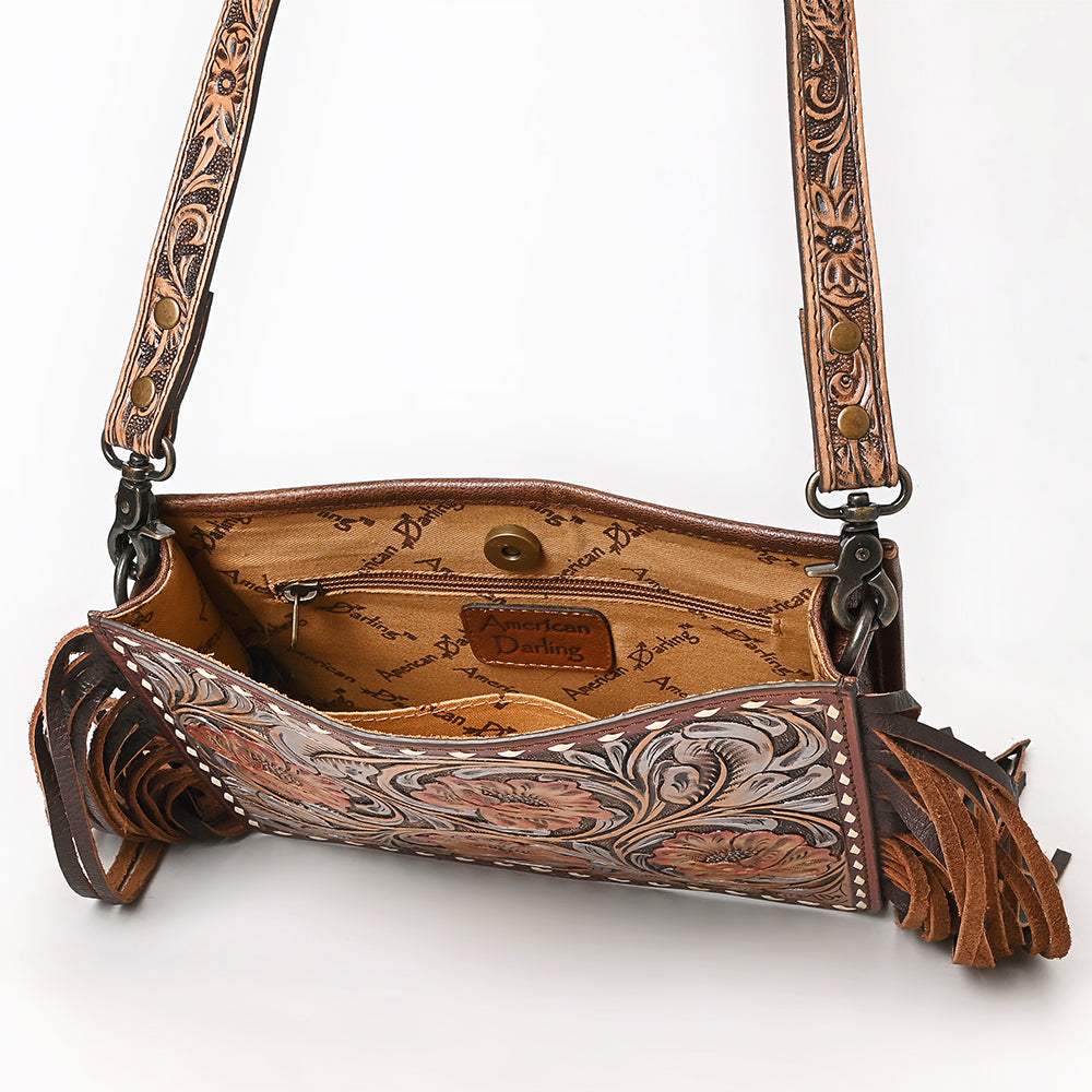 ADBG323 Hand-Tooled Leather Messenger Bag with Floral Daisies & Fringe Strap | American Darling
