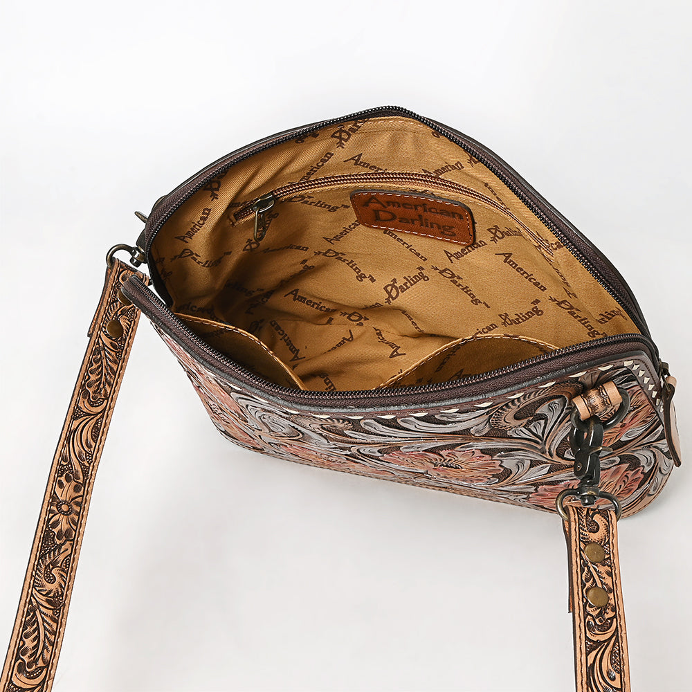ADBG1719 Tooled Leather Crossbody Bag with Floral Carving & Silver Scrollwork