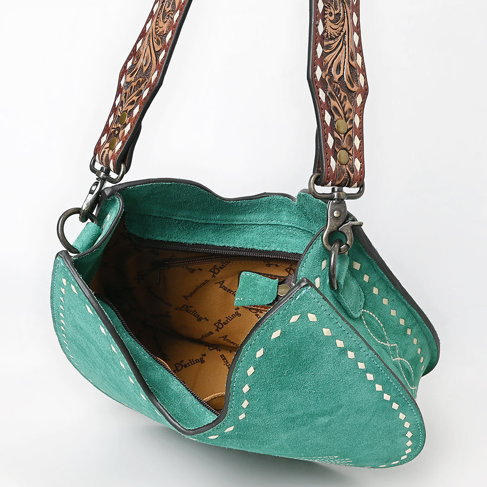ADBG1720 Genuine suede Hobo Bag with Hand Tooled Leather Strap & White Stitch Detailing