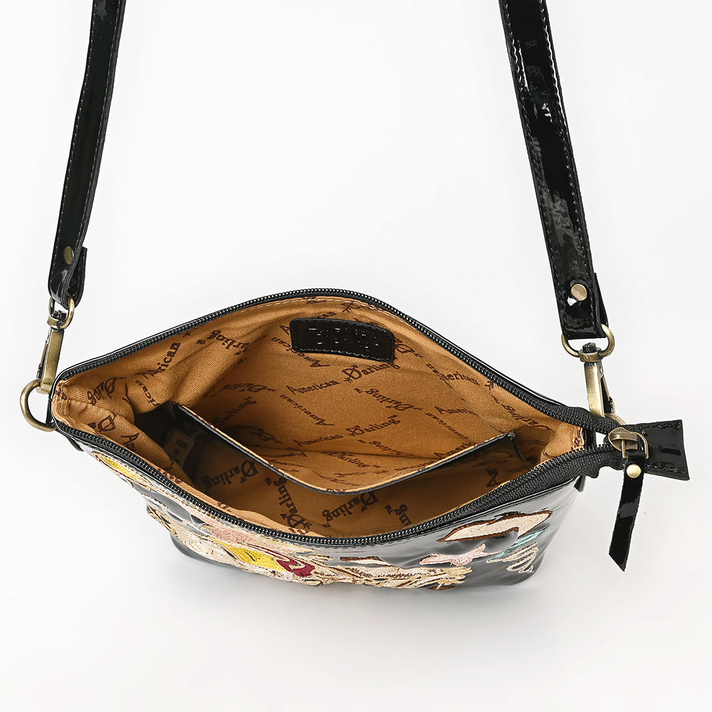 ADBGA785 Black Patent Leather Western Crossbody - Embroidered Rodeo Rider & Horseshoe Design