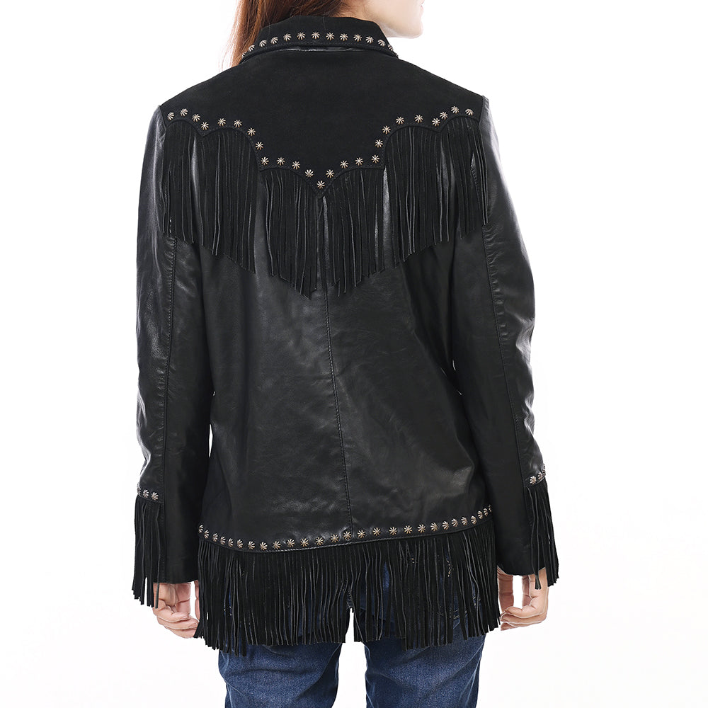 ADJKT048 Women's Black Leather Fringe Western Jacket with Stud Accents