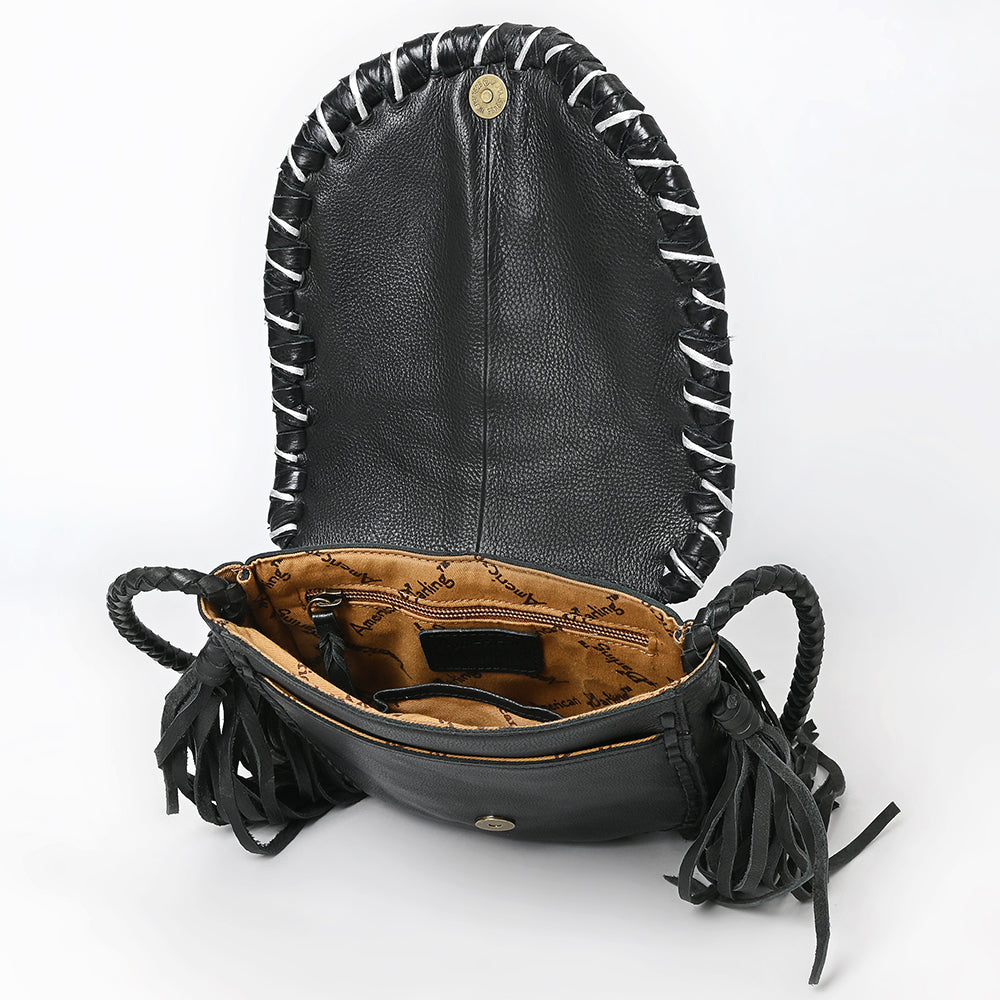 ADBGM635 Western Fringe Crossbody - Black Leather Bag with Tribal Stitch, Concho, and Whipstitch Detail