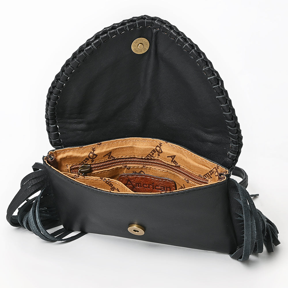 ADBG1726 Black Leather Fringe Crossbody with Cowhide Flap & Tooled Leather Inlay