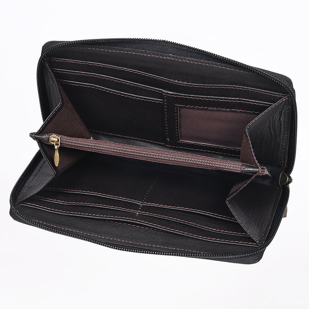 ADBGZ810A Black Hand-Tooled Leather Wallet - Western Floral Zip Wallet with Cream Contrast