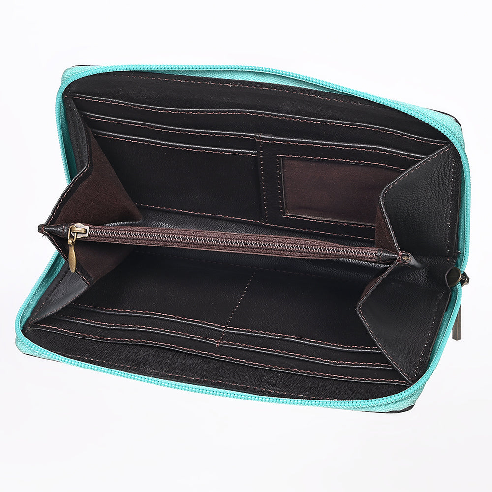 ADBGZ810 Hand-Tooled Leather Wallet - Western Floral Zip Wallet with Inlay