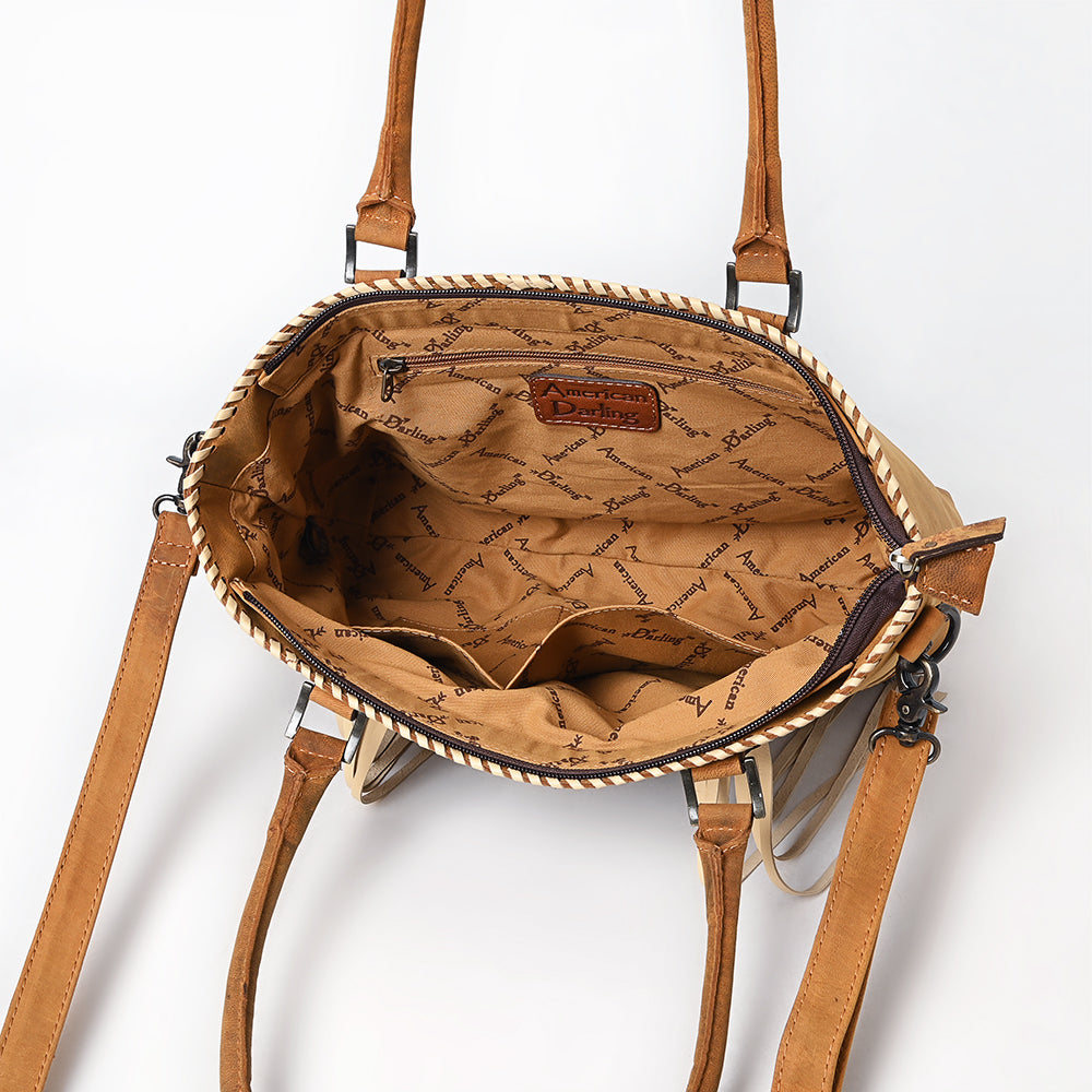 ADBG1743 Tan Genuine suede Western Tote with White Stitch Embroidery, Fringe Tassels & Crossbody Strap