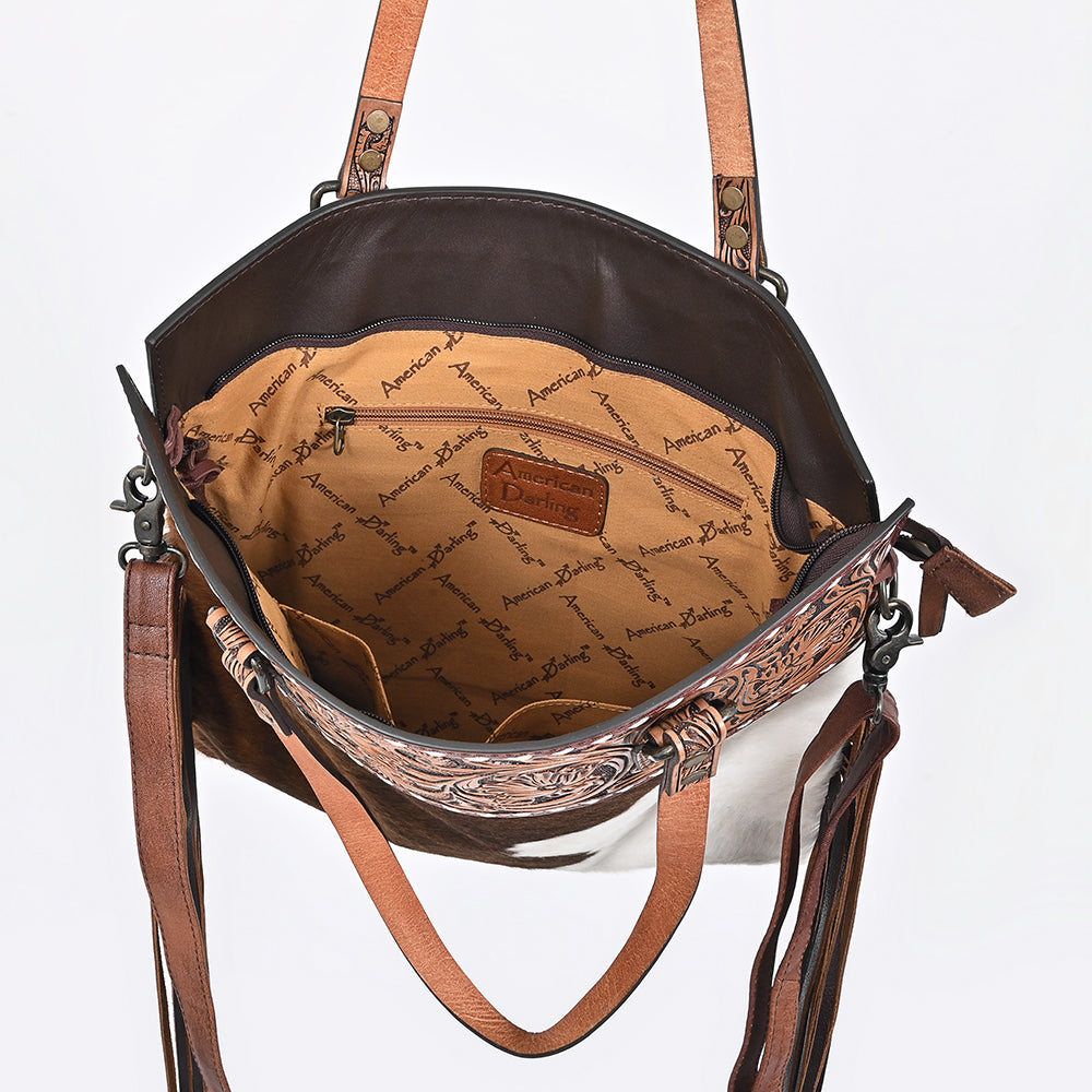 ADBG1748 American Darling Hand Tooled Floral Leather Tote Bag with Hair-On Cowhide and Fringes