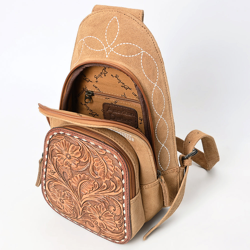 ADBG1573 American Darling Genuine Suede Leather Sling Bag with Hand Tooled Floral Front & Buck Stitch Details