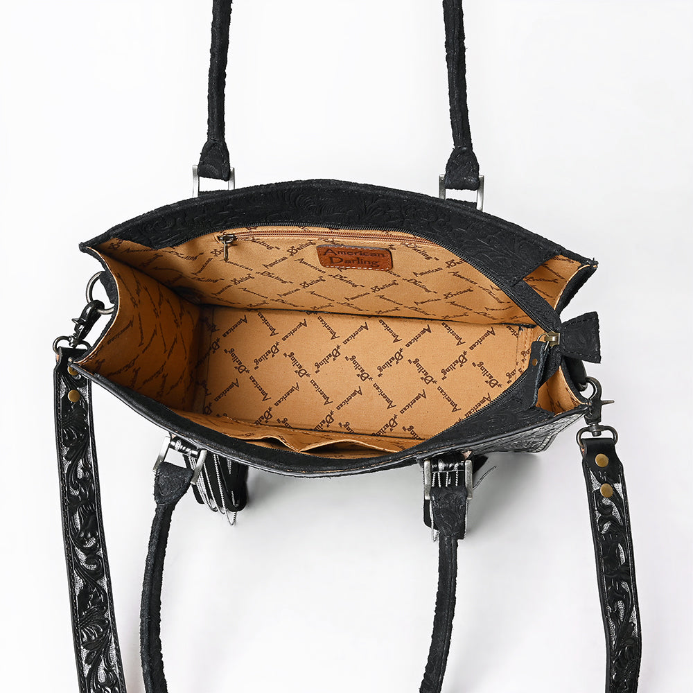 ADBG1753 Black Tooled Leather Tote Bag with Silver Floral Design & Fringe Accents