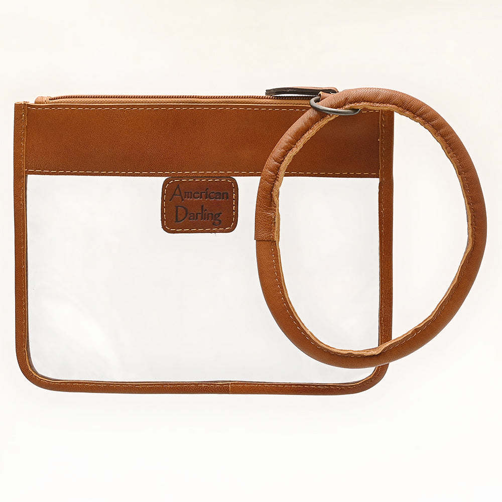 ADBG1762 Clear Stadium-Approved Western Wristlet with Tooled Leather Trim American Darling Game Day Bag