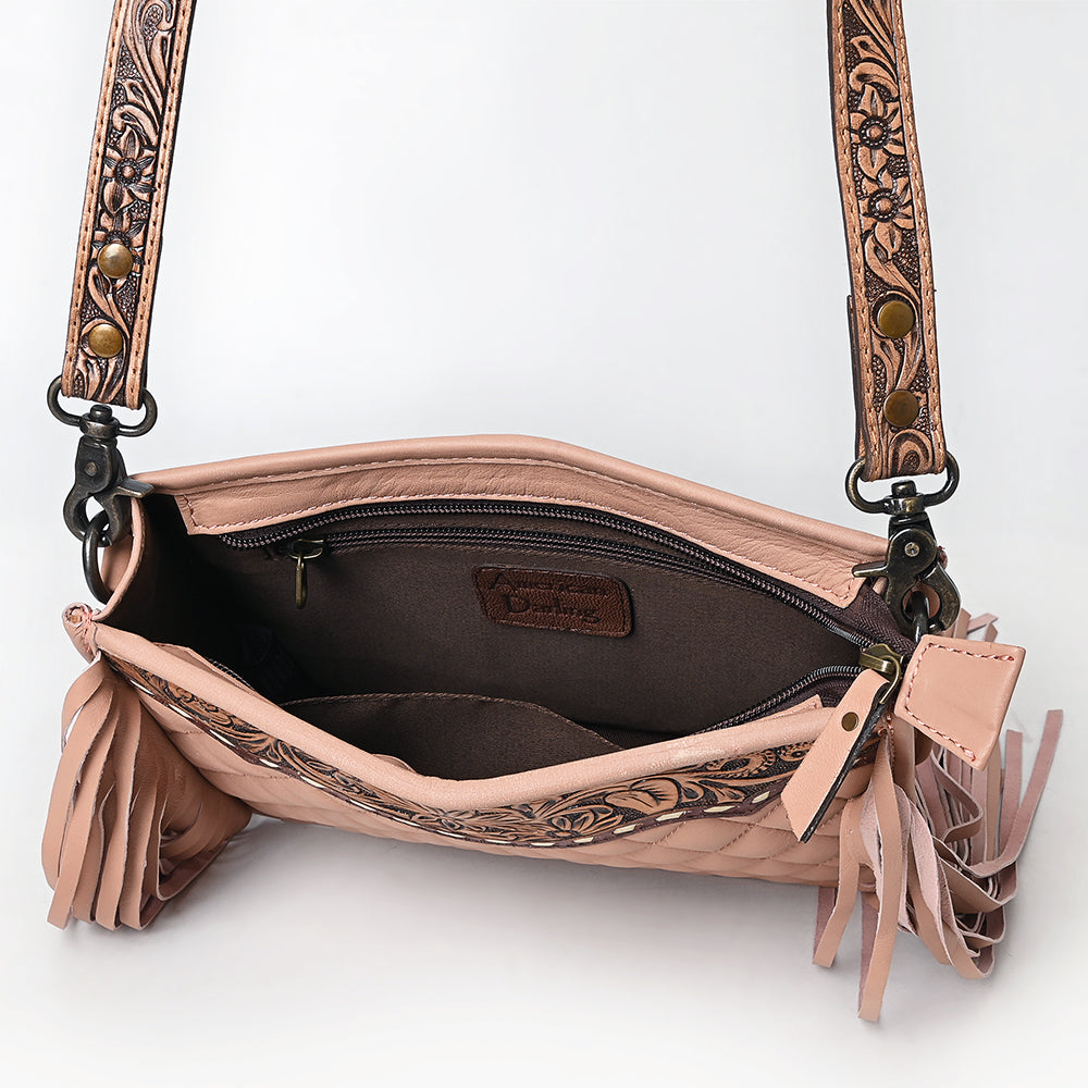 ADBG1664 American Darling Quilted Genuine Leather Crossbody Bag with Hand-Tooled Details and Fringes