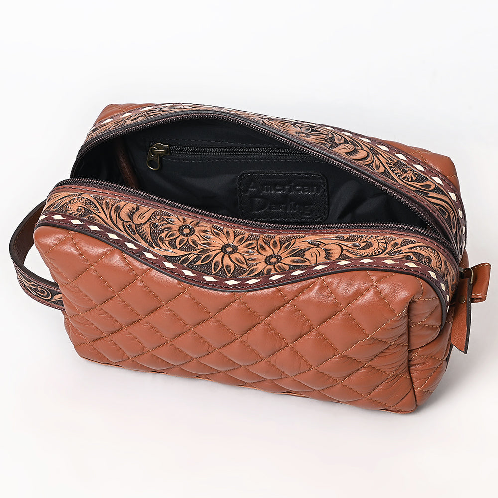 ADBG1675A Quilted Leather Dopp Kit with Tooled Floral Accents - Brown Travel Pouch by American Darling