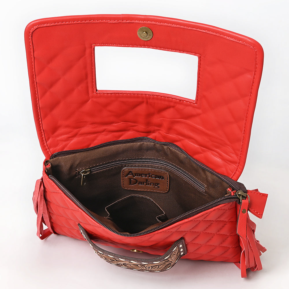 ADBG1665 American Darling Quilted Genuine Leather Crossbody Bag with Fringe and Hand-Tooled Panel
