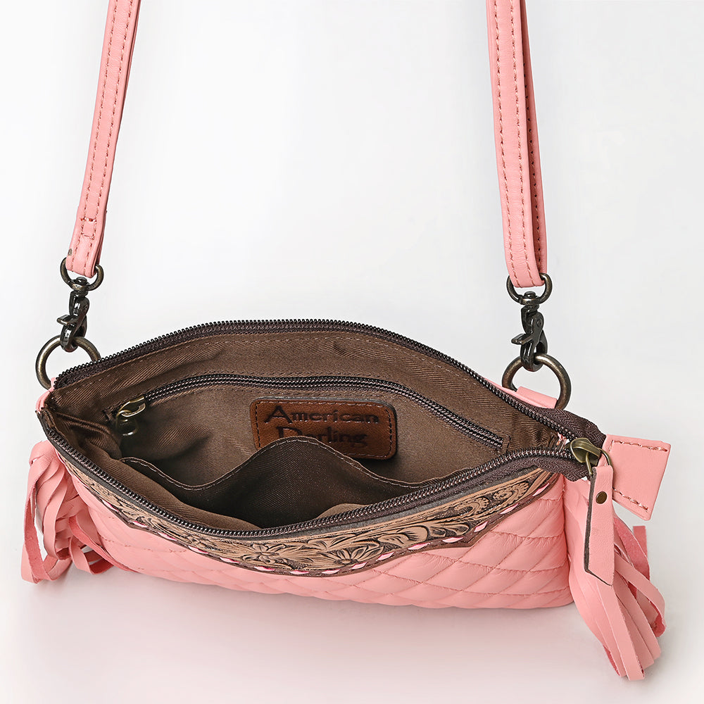 ADBG1683A Pink Quilted Leather Fringe Crossbody Bag with Tooled Floral Top - American Darling