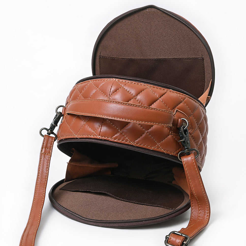 ADBG1684A Round Quilted Leather Canteen Bag with Floral Tooled Border - American Darling