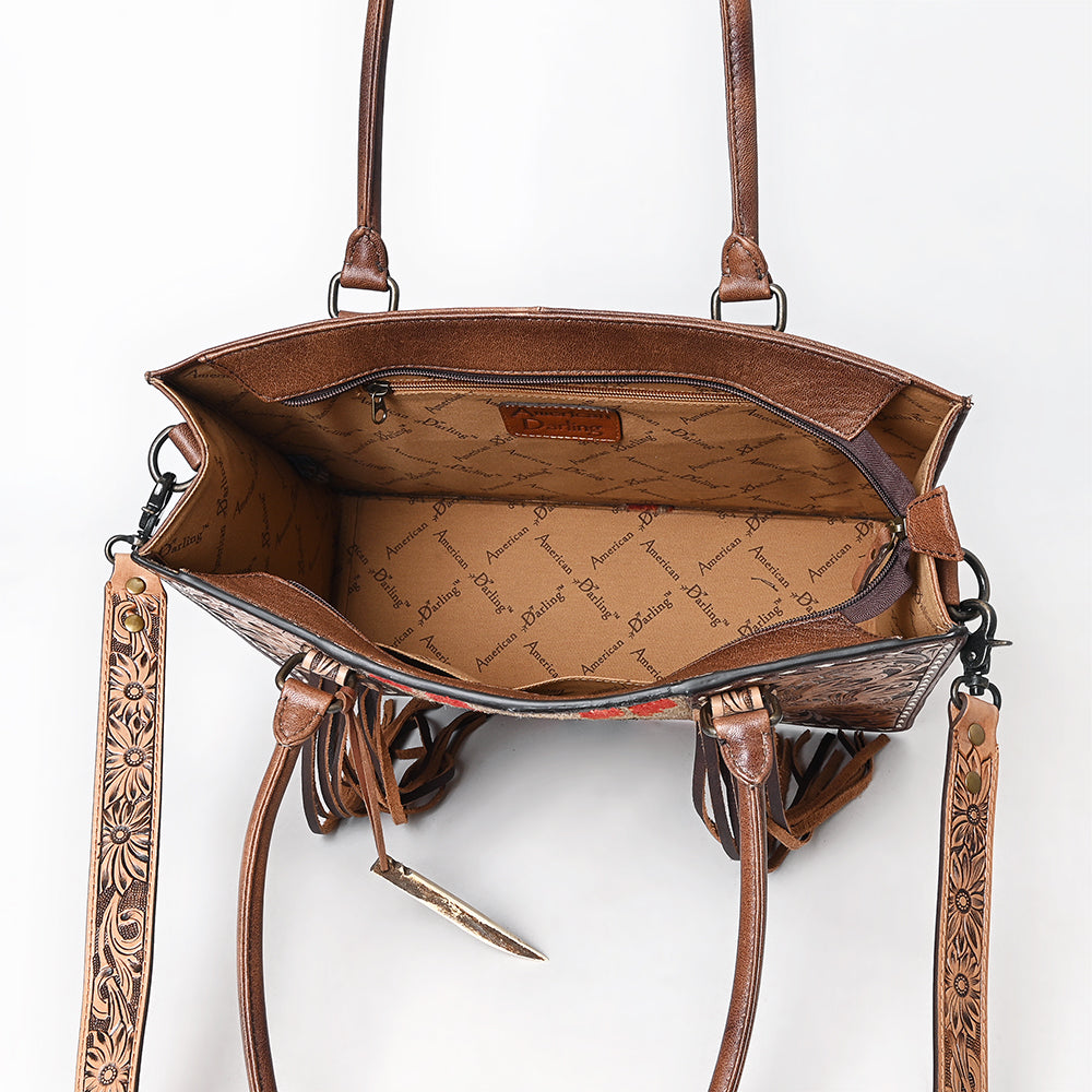 ADBG1783 American Darling Hand-Tooled Floral Tote Bag - Woven Saddle Blanket Western Leather Purse