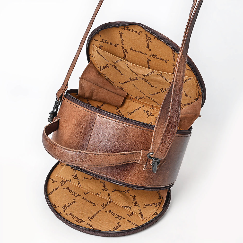 ADBG1785 Round Tooled Leather Canteen Bag with Southwestern Wool Pattern & Top Handle