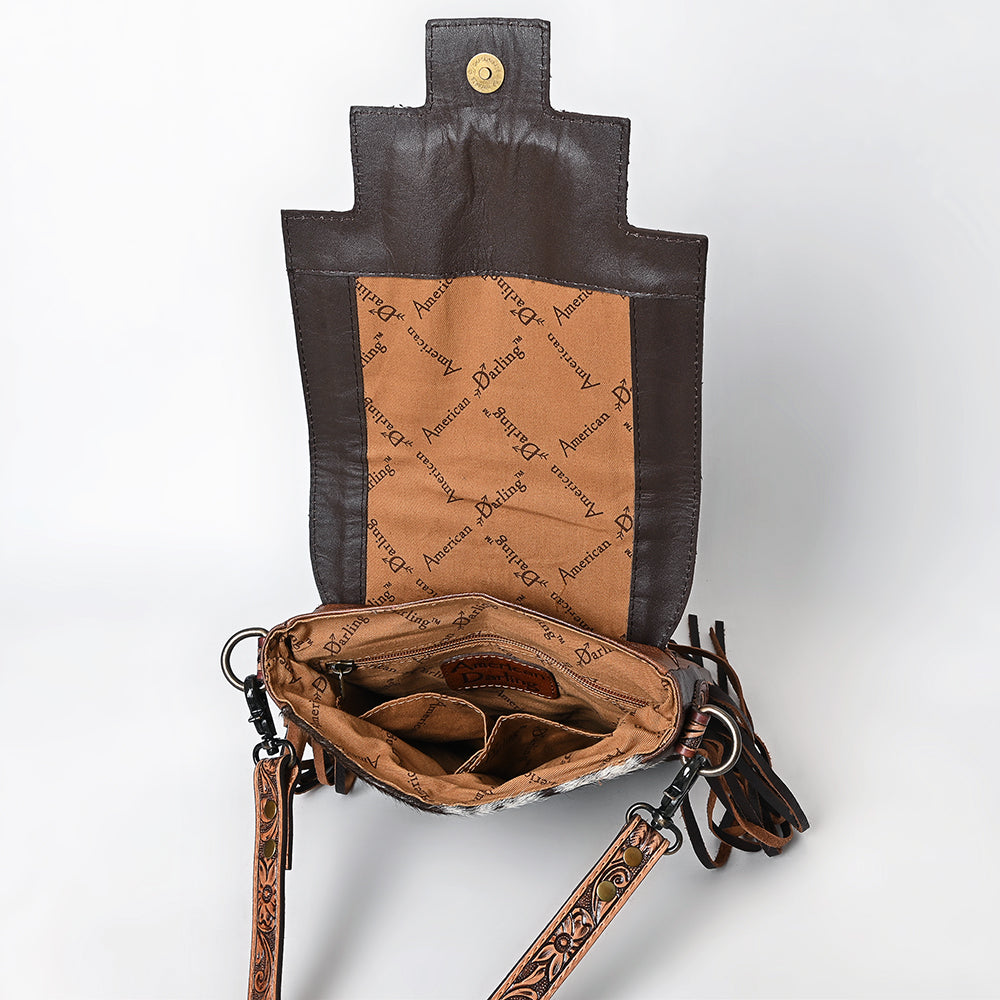 ADBG1786 Southwestern Tooled Leather & Cowhide Messenger Bag with Fringe and Wool Flap