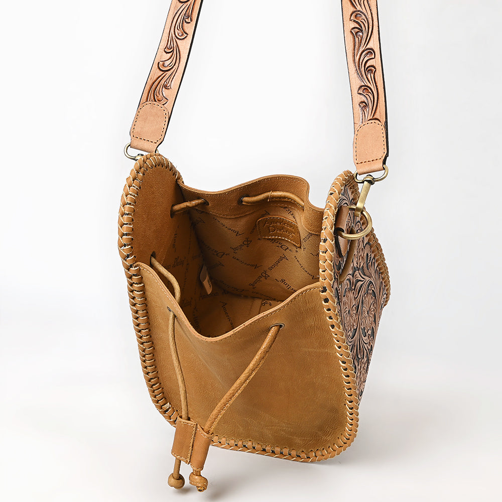 ADBGA854 American Darling Hand Tooled Floral Carved Braided Leather Bucket Bag